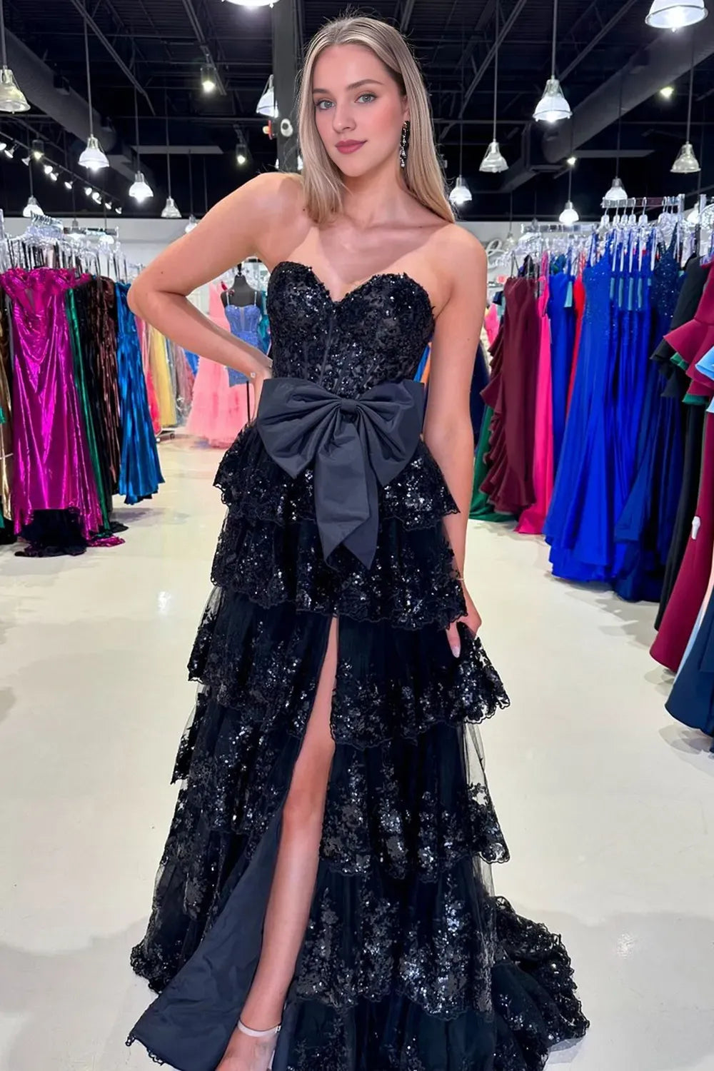 Off-the-Shoulder Sparkly Black Sweetheart A-Line Sequins Ruffled Long Corset Prom Dress With Bow